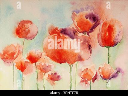 Blumenmalerei von hellen Aquarellpfingstrosen. Die Dabbing-Technik sorgt aufgrund der veränderten Oberflächenrauheit des Papiers für einen weichen Fokus. Stockfoto