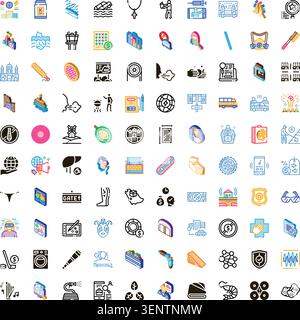 Set aus bunten und schwarz-weißen Vektorsymbolen, die eine Vielzahl von Motiven, Objekten und abstrakten Konzepten für Web, App und Grafik veranschaulichen Stock Vektor