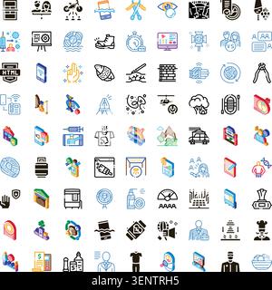 Große Sammlung verschiedener Isometrien und Umrisssymbole, die verschiedene Themen wie Business, Technologie, Gesundheitswesen, Kommunikation, Reisen, Stock Vektor