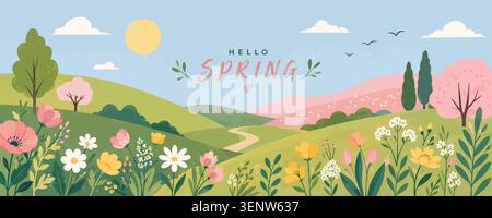 Hallo Frühling Landschaft Landschaft Vektor Banner Stock Vektor