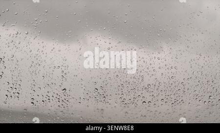 Regentropfen auf der Oberfläche von Fensterscheiben mit grauem, trübem Hintergrund. Horizontales Schwarzweißfoto. Natürliches Muster von Wassertröpfchen. Stockfoto