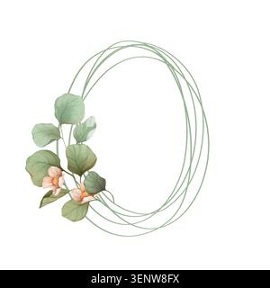 Handgezeichneter eleganter, ovaler Blumenrahmen mit grünem Blatt Stockfoto