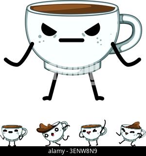 Wütende Kaffeetasse dominiert die Szene mit einer Reihe kleinerer ausdrucksstarker Becher-Charaktere, die Glück, Überraschung und spielerische Bewegungen auf wh zeigen Stock Vektor