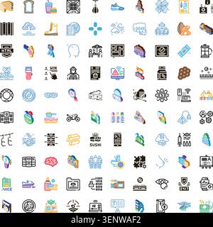 Große Sammlung von verschiedenen modernen Geschäfts-, Technologie-, Sozial-, Lebensmittel- und Medizinsymbolen, die grundlegende Konzepte, Dienstleistungen und Objekte für App veranschaulichen Stock Vektor