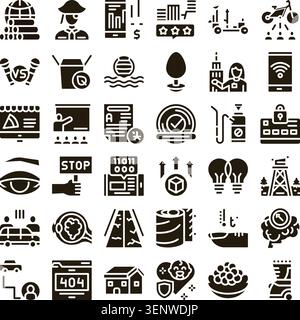 Sammlung verschiedener solider Glyphen-Symbole für Wirtschaft, Bildung, Kommunikation und Technologie, die moderne Konzepte und Services in einer Ziffer darstellen Stock Vektor