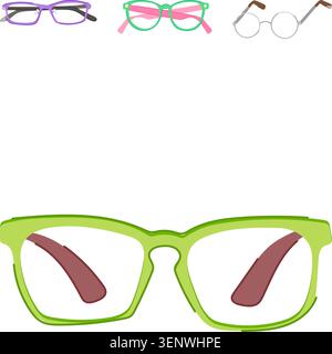 Kollektion verschiedener Brillen mit verschiedenen Rahmenstilen und -Farben, ideal zur Illustration von Sehpflege, Mode, Accessoires und Augenschutz Stock Vektor