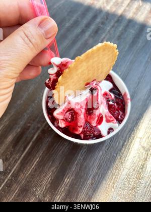 Gefrorener Joghurtbecher mit süßer Beerensauce und Waffelwaffelwaffeln, die von einer Hand im Freien auf einem Holztisch gehalten werden. Stockfoto