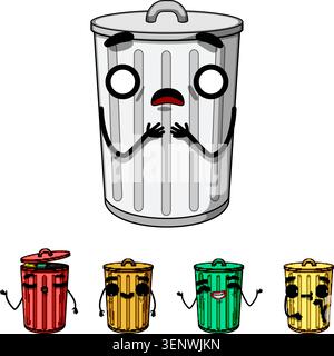 Mülleimer-Charaktere zeigen eine Reihe von Emotionen, von überrascht und besorgt bis zu fröhlichen und zufriedenen Maskottchen, die menschliche Gefühle und Re veranschaulichen Stock Vektor