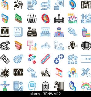 Sammlung von konzeptionellen und beschreibenden Umrissen, soliden und isometrischen Symbolen, die verschiedene Themen von Technologie, Wirtschaft, Street Food und u veranschaulichen Stock Vektor