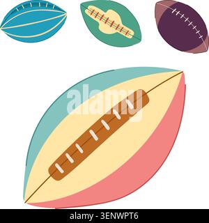 Stilvolles flaches Design, das eine Kollektion von ovalen Sportbälle mit traditionellen Schnürdetails in verschiedenen Farbschemata und einem weißen Design wiedergibt Stock Vektor