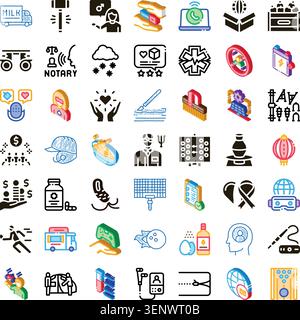 Große bunte Icons Set zeigt Dienstleistungen, Berufe, Hobbys und KonzeptsBusiness, Gesundheit, Bildung, Transport, Technologie, Lifestyle, Essen, Sport Stock Vektor