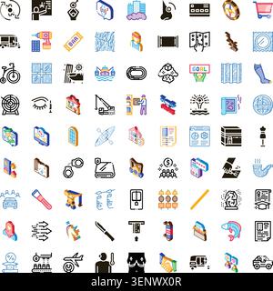 Set aus bunten und schwarz umrissenen Glyphen, die verschiedene Branchen-, Handels-, Reise-, Sport- und Körperpflegeaktivitäten auf weißem Hintergrund veranschaulichen Stock Vektor