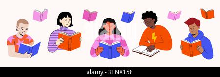 Handgezeichnete bunte Ikonen mit Menschen, die Bücher lesen. Doodles-Serie für Buchmesse, Festival, Buchhandlung und Back-to-School-Design für Banner und Poster Stock Vektor