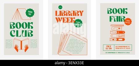 Buchclub, Messe- und Marktbanner und Poster-Design. Farbige Vorlagen für vertikale Poster und Banner. Minimal-Serie für Buchfestival, Buchhandlung und bac Stock Vektor