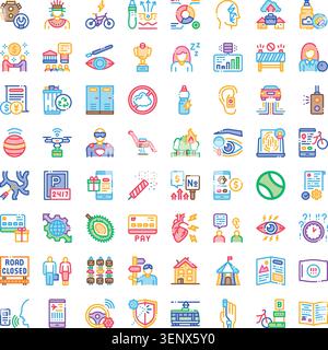 Große Sammlung farbenfroher Liniensymbole, die verschiedene Konzepte wie Gesundheitswesen, Finanzen, Transport, Technologie, Unterhaltung, Unternehmen, A Stock Vektor