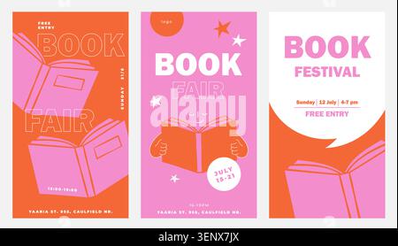 Buchclub, Messe- und Marktbanner und Poster-Design. Farbige Vorlagen für vertikale Poster und Banner. Minimal-Serie für Buchfestival, Buchhandlung und bac Stock Vektor