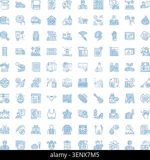 Konzeptionelle Symbole mit Kreide auf weißem Hintergrund, die Branchen und Dienstleistungen, digitales Marketing, E-Commerce, Finanzen, Lieferung, Technologie, Lebensmittel, Stock Vektor