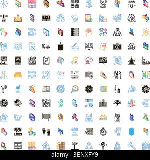 Große Auswahl an flachen und isometrischen Symbolen, die verschiedene Konzepte abdecken, darunter Technologie, Wirtschaft, Lebensmittel, Gesundheit, Bildung, und Lifestyle für Web, App, A Stock Vektor