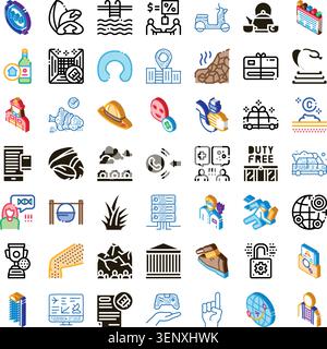 Sammlung zahlreicher Glyphe-Symbole, die verschiedene Reisearrangements, Tourismusdienstleistungen, Urlaubsaktivitäten, Urlaubskonzepte und Transport darstellen Stock Vektor