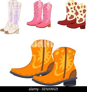 Vier farbenfrohe Paar Westernstiefel klassisches Leder, rosa, gepunktet und beige für Ranch-, Rodeo- und Freizeitmode, isoliert auf weiß für Vers Stock Vektor