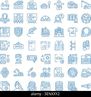 Blaue Skizze konzeptuelle Symbole Set, die verschiedene handgezeichnete Infografik Elemente darstellen, die Wirtschaft, Bildung, Gesundheit, Technologie und Natur darstellen Stock Vektor