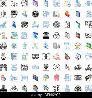 Große Sammlung flacher und isometrischer Symbole zu vr, Datensicherheit, Gesundheitswesen, Umwelt, Musik, Stadtplanung und Technologie für Web, Mobilgeräte Stock Vektor