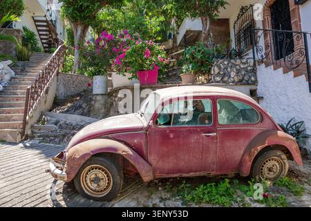 Puerto Vallarta Mexiko, Volkswagen Käfer, Oldtimer, Oldtimer, altes Fahrzeug, rustikaler Transport, klassischer Volkswagen, Retro-Design, verlassene CA Stockfoto