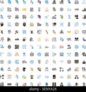 Vielfältige Auswahl an modernen flachen, isometrischen und Glyphen-Symbolen für Unternehmen, Technologie, Finanzen, Reisen, Gesundheit und Lifestyle, Pixel perfekte Symbole für Web, M Stock Vektor