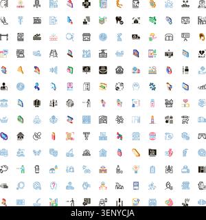 Sammlung von konzeptuellen und deskriptiven flachen Konturen moderner Vektorsymbole für verschiedene Branchen, die abstrakte Konzepte, Technologie, Markt und darstellen Stock Vektor