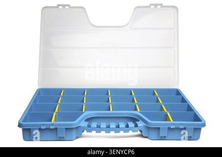 Kunststoffbox Organizer für Schrauben, Bolzen, Dübel und einige Werkzeuge auf weißem Hintergrund Stockfoto