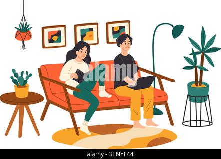 Ein Paar auf dem Sofa zu Hause. Gemütliches Wohnzimmer, entspannende Gäste mit Buch und Laptop, moderne Freizeit zu Hause und abgelegener Lebensstil in komfortabler Einrichtung Stock Vektor