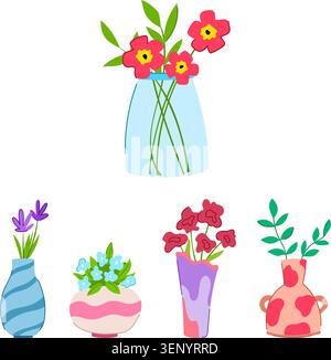 Sammlung von stilisierten Vasen mit verschiedenen bunten Blumen und grünen Pflanzen, die Elemente des Frühlings, der Natur und der Wohndekoration mit einem vib veranschaulichen Stock Vektor
