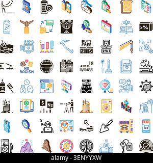 Sammlung von konzeptuellen und beschreibenden Linien-, Glyphen- und isometrischen Symbolen für das Webdesign und die Benutzeroberfläche, die verschiedene Themen und Themen als darstellen Stock Vektor