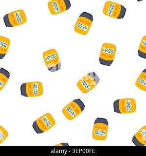Cartoon für tragbaren Reisewecker mit Muster. Digitales analoges, leichtes Mini, batteriebetriebenes, tragbares Weckzeichen für unterwegs. Nahtloser Symbolvektor i Stock Vektor