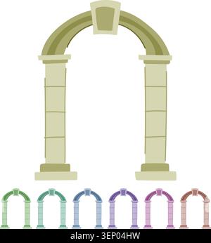 Steinbogentor als minimalistisches dekoratives Eingangssymbol, das an historische Architektur, Durchgang, Portal und klassische Säulen in einer flachen, vereinfachten Wohnung erinnert Stock Vektor