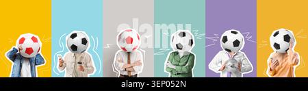 Vielfältige Gruppe von Menschen mit Fußballköpfen auf bunten Hintergründen, Sport-Fan-Kultur und Teamgeist Stockfoto
