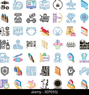 Umfassende Sammlung von Infografik-Symbolen, die wichtige Unternehmensdienstleistungen, Gesundheitswesen, Technologie, Lifestyle und Finanzkonzepte für veranschaulichen Stock Vektor