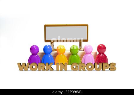 Verschiedene Bauern versammeln sich vor einem leeren Schild mit Text „Arbeit in Gruppen“ Stockfoto