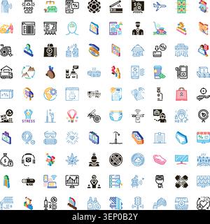 Farbenfrohe Strichkunst-Symbolsatz, der Finanzen, Reisen, Gesundheit, Einkaufen, Kommunikation, Umwelt und digitale Dienste auf einem sauberen, weißen Hintergrund Stock Vektor