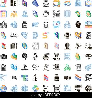Große Auswahl an farbenfrohen und monochromen Glyphicons, die verschiedene abstrakte und reale Konzepte darstellen, einschließlich Business, Technologie, Dienstleistungen, Gesundheit, Stock Vektor