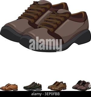 Auswahl an Herrenschuhen in verschiedenen Stilen, darunter Freizeitschuhe, formelle Kleiderschuhe und sportliche Sneakers, die vielfältige Optionen für Stock Vektor