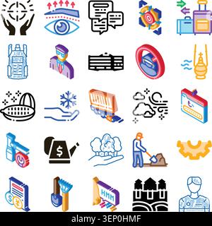 Vektorillustration mit einer vielfältigen Sammlung von isometrischen Symbolen, die verschiedene Konzepte darstellen, darunter Sicherheit, Landwirtschaft, Finanzen, Reisen Stock Vektor