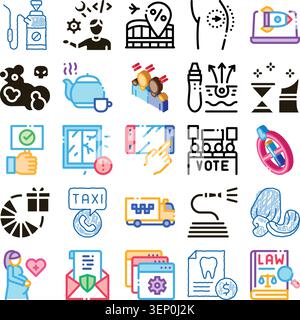 Set von bunten handgezeichneten Symbolen, die verschiedene Konzepte und Dienstleistungen zeigen, einschließlich Transport, Medizin, Recht, Geschäftsentwicklung, Bildung, und Stock Vektor