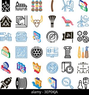 Flaches und isometrisches Symbolset für Unternehmen, Technologie, Lebensmittel, Wissenschaft, Gesundheit, Logistik, Bau und Natur auf weißem Hintergrund für Web, App Stock Vektor