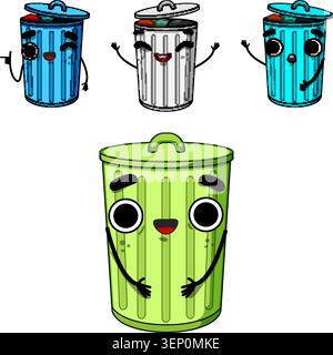 Gruppe lächelnder Abfalleimer, die sich durch farbenfrohe Illustrationen mit freundlichen Ausdrücken für Umweltverantwortung und sauberes Leben einsetzen Stock Vektor