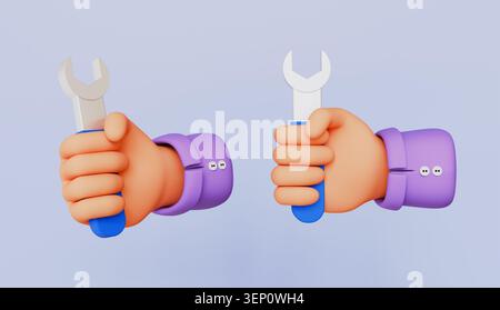 Abbildung eines Geschäftskonzepts, in der die Hand eines Mitarbeiters mit einem Schlüsselwerkzeug und einem starken Schild mit hochgeklapptem Daumen dargestellt ist Stockfoto