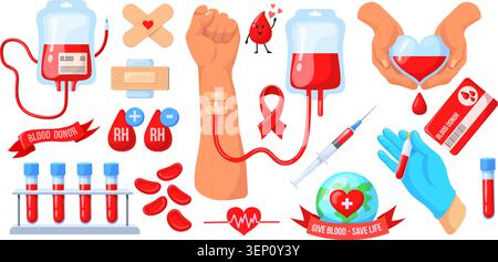 Blutspendekonzept. Spender Hand Rote Tropfen Spende Transfusion, Freiwilliger geben Herz medizinische Injektion Tasche speichern Notfall Gesundheitspflege Welttag Krankenhaus ordentliche Vektor Illustration Original Kunstwerk Stock Vektor