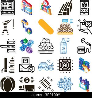Sammlung konzeptioneller Isometrien und Umrisssymbole, die verschiedene Aspekte von Geschäft, industriellen Prozessen, Produktion, Fertigung und Digitalisierung darstellen Stock Vektor