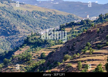 Malerischer Blick auf ein Dorf Pampaneira an einem Berghang in der spanischen Sierra Nevada. Stockfoto