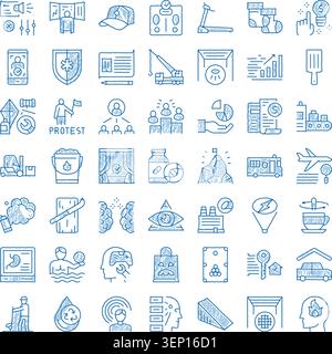Handgezeichnete blaue lineare Symbole, die eine breite Palette von Themen darstellen, von Business, Gesundheit, Reisen und Industrie bis hin zu privaten Finanzen und Alltag Stock Vektor
